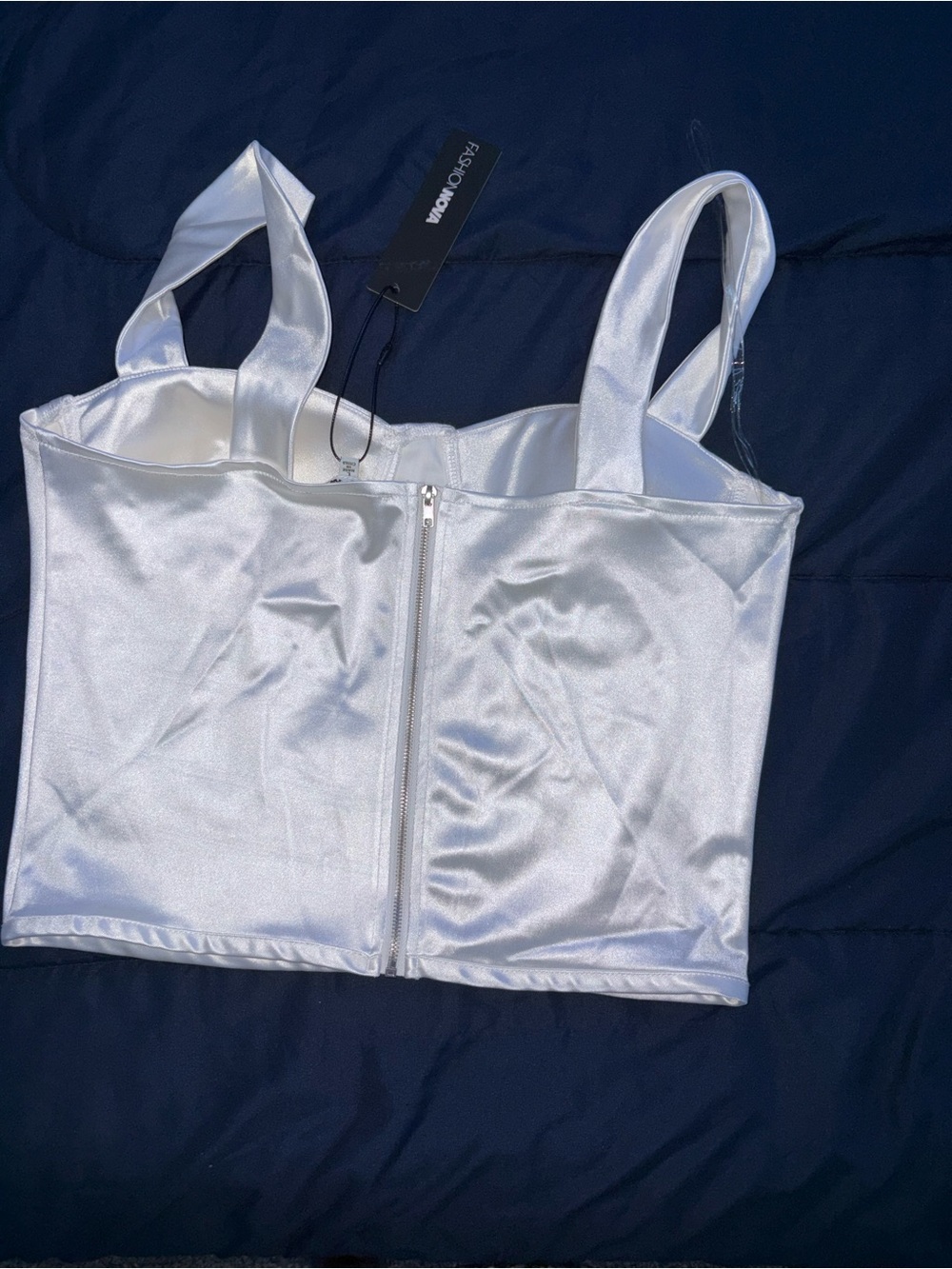 Fashion Nova Satin White Zip-Front Bustier Crop Top